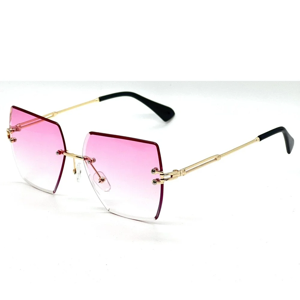 Rimless Sunglasses‎ Women Fashion Pink Lens Trendy Elegant Gold Accents Lentes